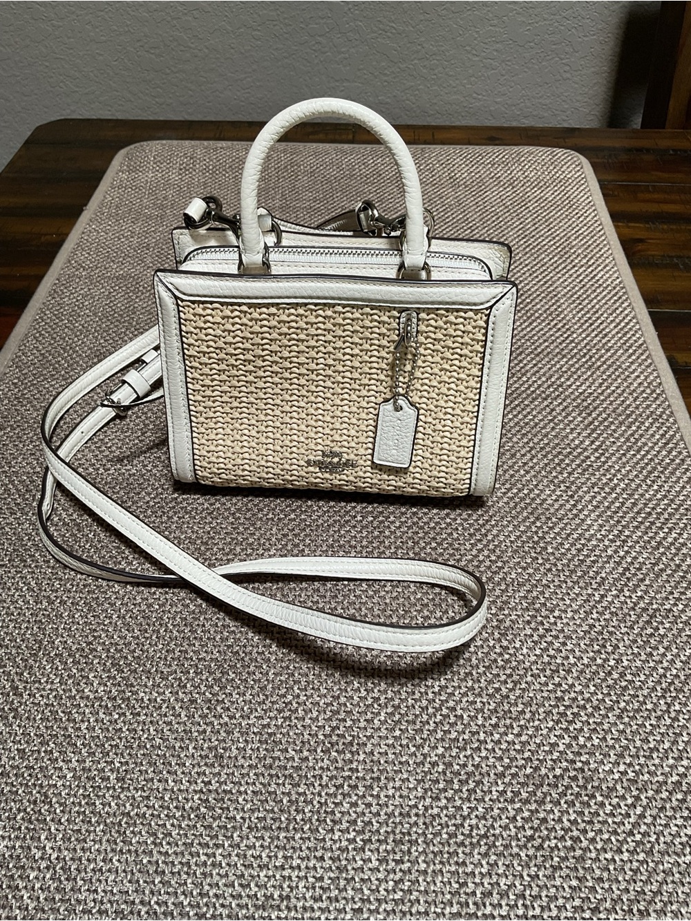 Coach Micro Zoe Woven Straw Satchel Crossbody - Natural/White - EUC